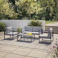 CorLiving Delia 4-Piece Rust Resistant Heavy-Duty Steel Frame Patio Conversation Set with Chairs and Loveseat with Cushions, and Coffee Table