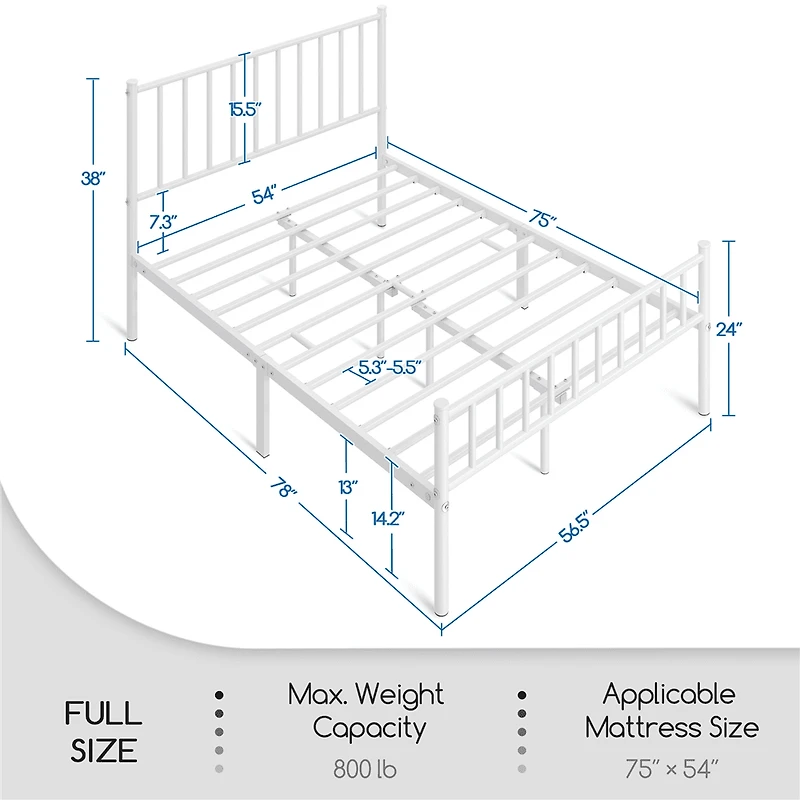 Fullfurnique Minimalist Metal Bed Frame with Vertical Bar Headboard and Footboard, Queen, White