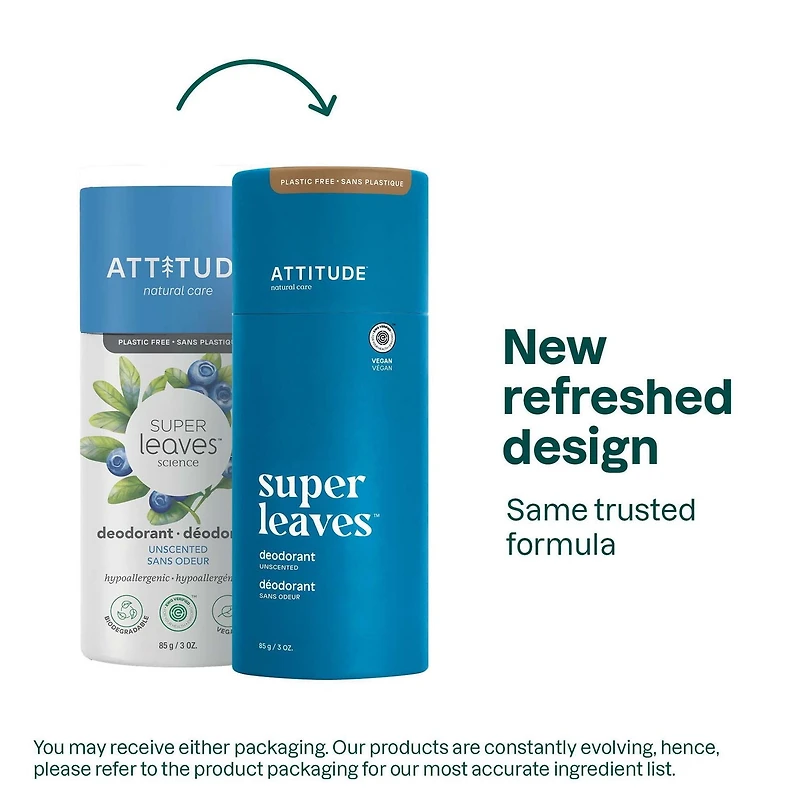 ATTITUDE super leaves, Déodorant Zéro Plastique, Sans Odeur, 85 g