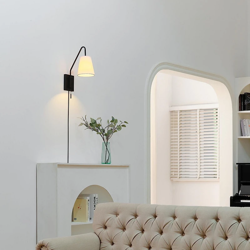 1-Light Matte Black Swing Arm Plug-In or Hardwire Wall Sconce with White Fabric Shade