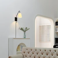 1-Light Matte Black Swing Arm Plug-In or Hardwire Wall Sconce with White Fabric Shade