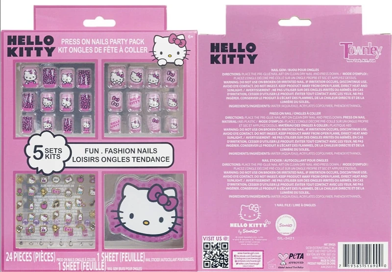 Lot de 24 faux ongles roses Hello Kitty