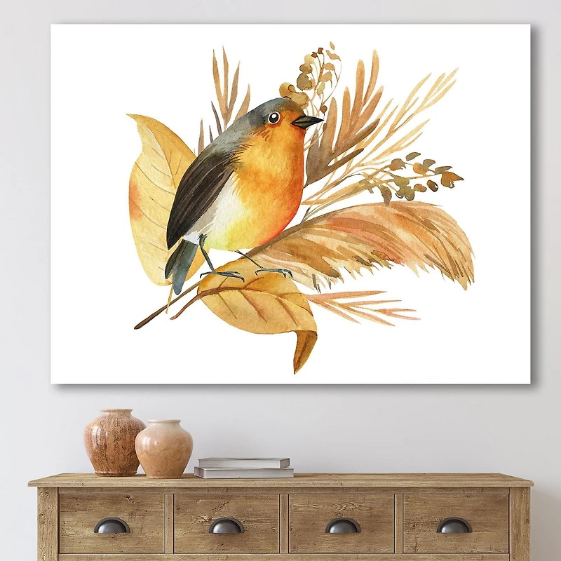 Designart Robin Bird and Autumn Flowers Canvas Wall Art