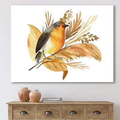 Designart Robin Bird and Autumn Flowers Canvas Wall Art