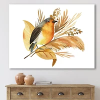 Designart Robin Bird and Autumn Flowers Canvas Wall Art