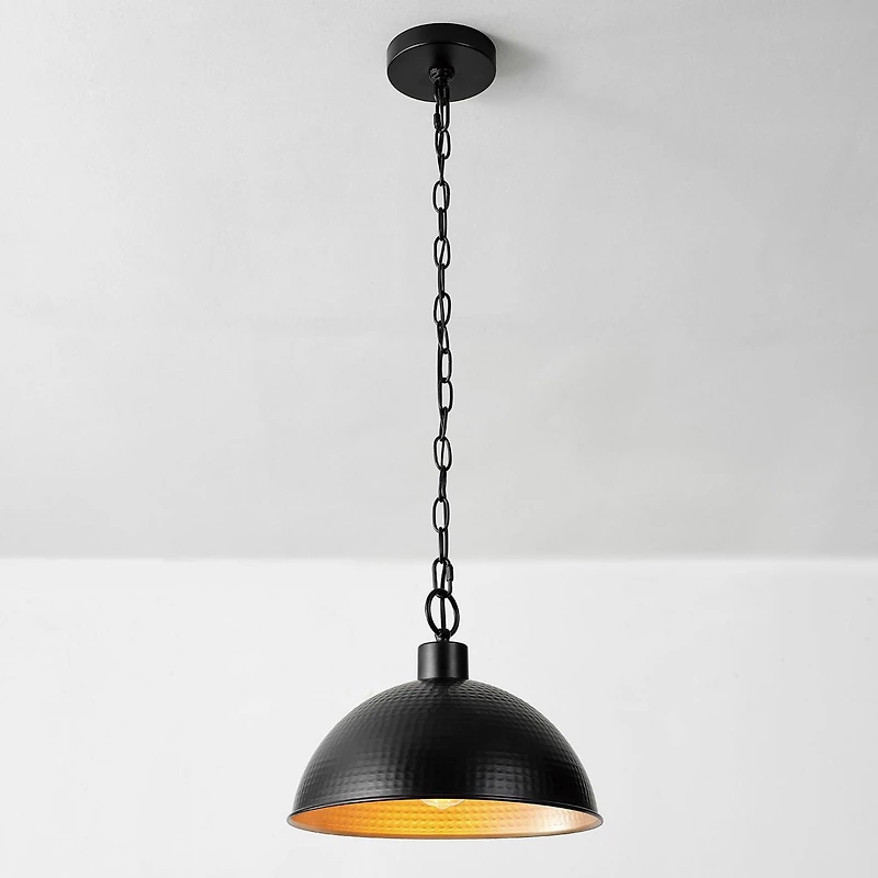 1-Light Weathered Black Pendant Light with Hammered Metal Gold Interior Shade