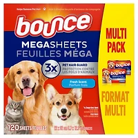 Feuilles assouplissantes méga Bounce Anti-poils d’animaux et anti-peluches avec 3 fois les anti-poils d’animaux, parfum Frais 120 feuilles