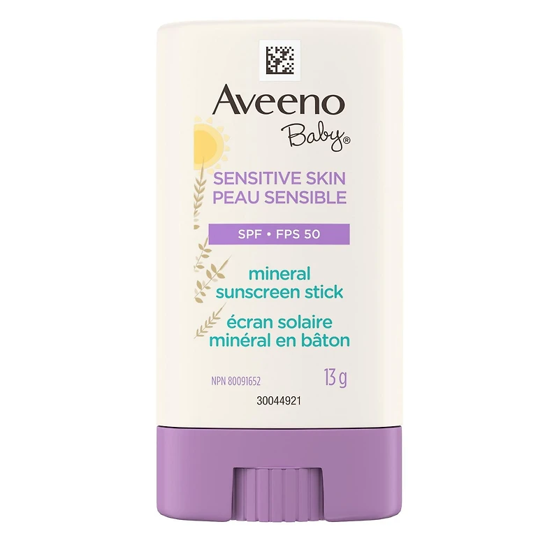 Écran solaire minéral Peau sensible Aveeno Baby avec FPS 50, bâtonnet de 13 g, avec 100 % d’oxyde de zinc, Pour le visage et le corps, Résiste à l'eau et à la sueur, Écran solaire en bâtonnet pour enf 13 g