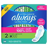 Always Ultra Thin Feminine Pads with Wings for Women, Size 2, Long Super Absorbency, Unscented58 count
