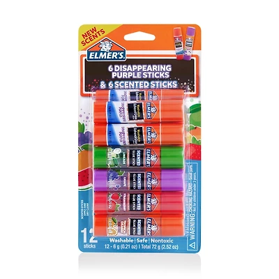 Bâtons de colle parfumés d'Elmer's, paquet varié, comprends bâtons de colle violette disparaissant, colle scolaire sûre et non toxique 12 pièces (6 g par pièce)