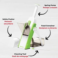 Starfrit Pump'N'Slice, Mandoline Verticale, Coupe-Aliments, Trancheuse Sécuritaire, Lames Enfermées, Pompage À Une Main, Épaisseur Ajustable, Se Plie Pour Rangement, Outil De Nettoyage Inclus Le trancheur Pump-N-Slice de Starfrit coupe rapidement fruits et légumes avec une pompe facile. Lames ajustables en acier inox de 0,5 à 8 mm. Lames sécurisées, design compact avec pieds pliables, et pièces lavables au lave-vaisselle pour une préparation rapide et un nettoyage facile.