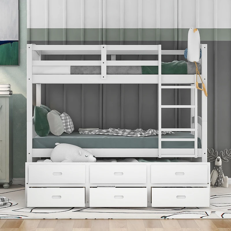 Homy Casa Twin Over Twin Bunk Bed with Trundle and Drawers for Shared Rooms Family Homes
