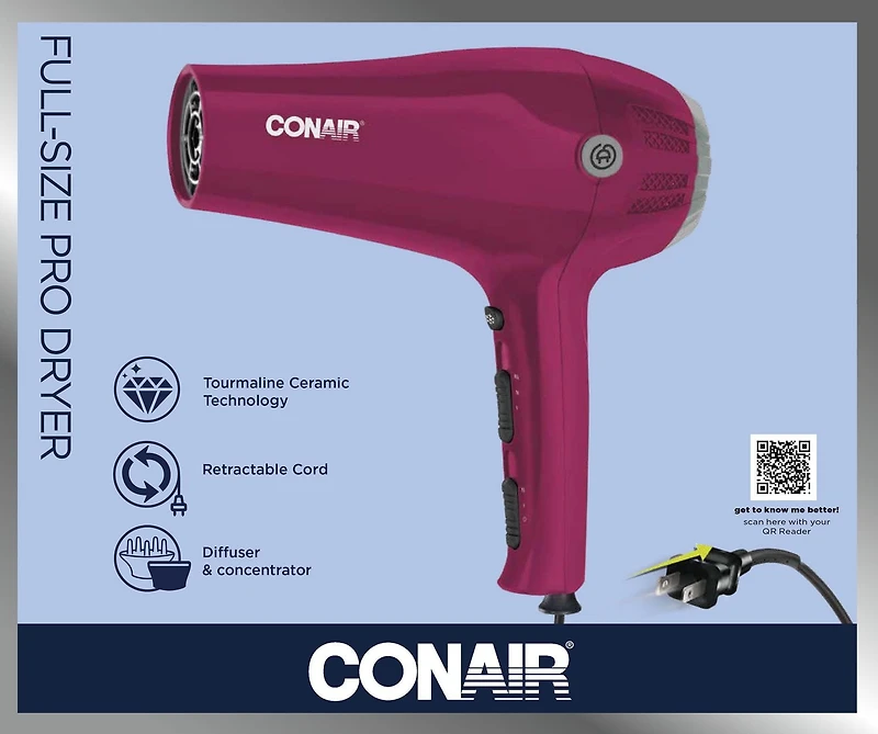 Sèche-cheveux Conair, 1875 w, grande taille, céramique de tourmaline, fuchsia, avec range-cordon Sèche-cheveux
