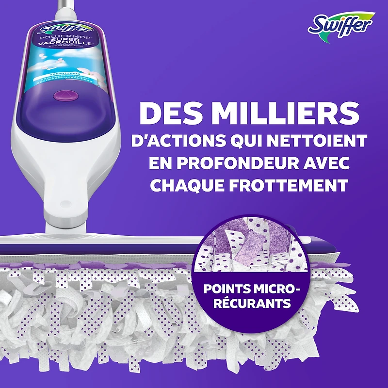 Trousse de nettoyage multisurfaces Swiffer SuperVadrouille pour le nettoyage des planchers parfum Frais la trousse comprend un balai SuperVadrouille 2recharges de coussins nettoyants 1sltin nettoyante