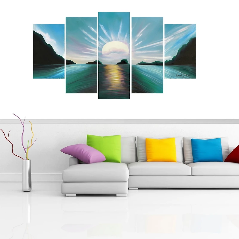 Peinture sur toile Design Art Coucher du soleil brillant en turquoise