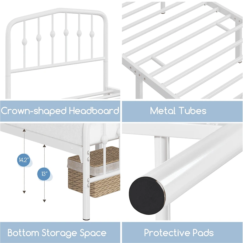 Fullfurnique Metal Bed Frame with Heavy Duty Slat Support and Arched Headboard and Footboard, Twin, White