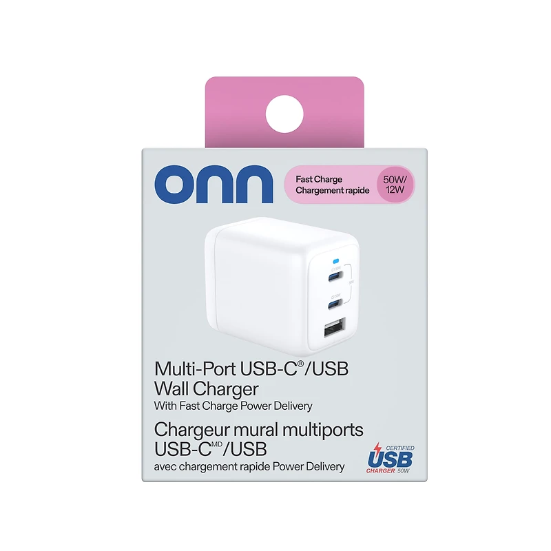 onn 62W Multi-Port Wall Charger, Fast Charging, USB-C/USB-A, USB-IF Certified, Foldable Plug, White
