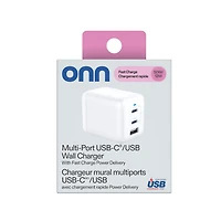 onn 62W Multi-Port Wall Charger, Fast Charging, USB-C/USB-A, USB-IF Certified, Foldable Plug, White