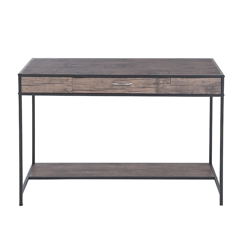 Homylin Home Office Computer Desk with Drawer, Retro Style 43" Wooden Writing Desk, Laptop Study Table Workstation, Stable Metal Frame, Rustic Dark Brown