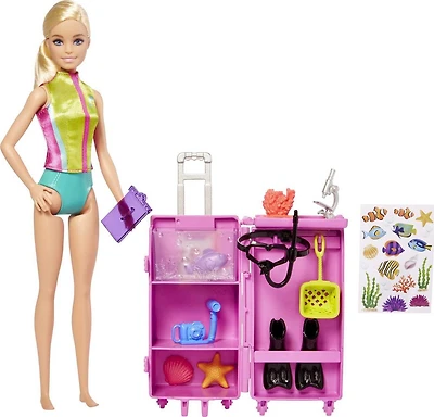 Barbie Coffret Barbie Plongeuse, poupée blonde et coffret laboratoire mobile, plus de 10 accessoires Âges 3+