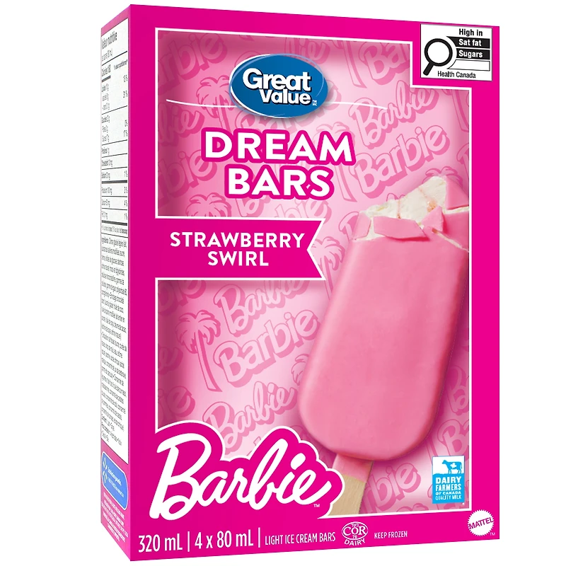 Great Value Barbie Strawberry Swirl Light Ice Cream Bars, 4 x 80 mL