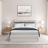 Lit plateforme capitonné et rembourré avec rangement CorLiving Metro Beige en versions double/double, grand et très grand lit