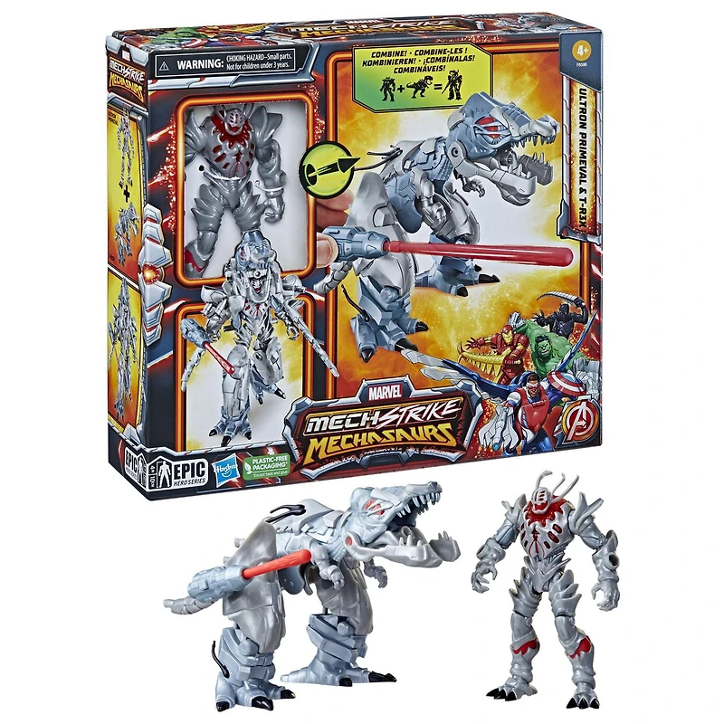 Marvel Mech Strike Mechasaurs 4.5" Ultron Primeval with T-R3X Mechasaur Action Figures, Super Hero Toys
