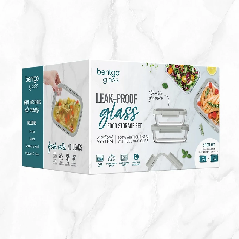 Bentgo Glass Leak-Proof Glass Food Storage Set - 2-Pack (4.4-Cup and 6.3-Cup Containers) - Pebble Beach<br>Edit