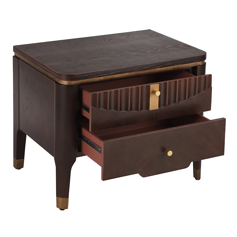 Noble House Modern Nightstand with 2 Drawers, Wave Design Bedside Table with Metal Handles,Dark Brown