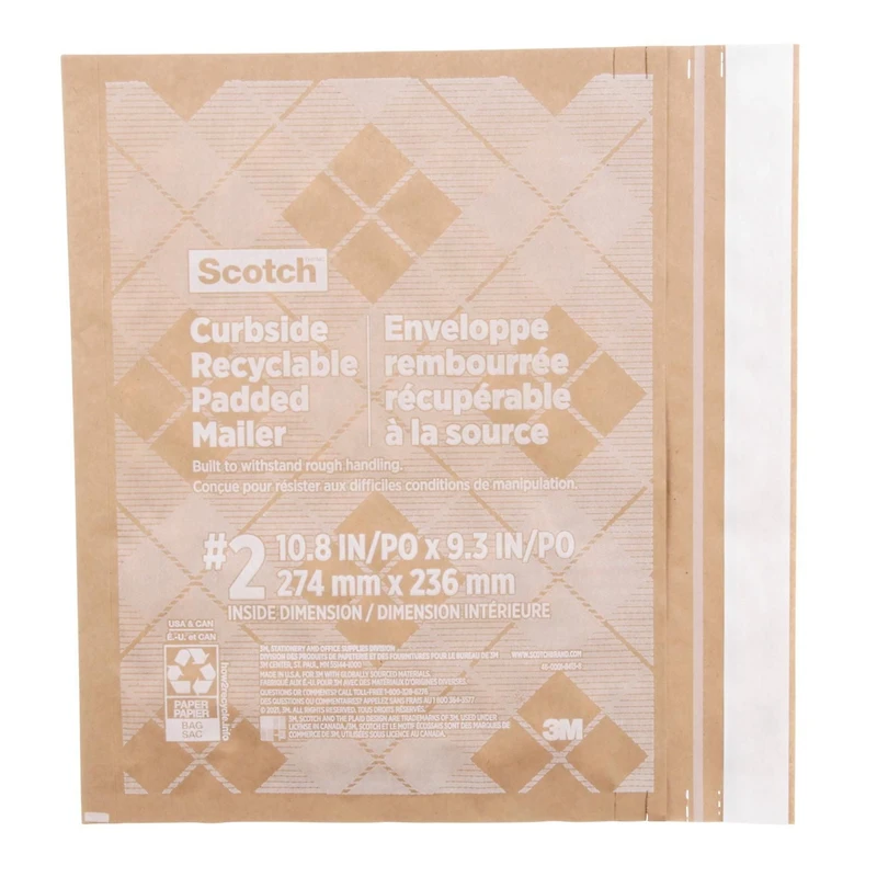 Enveloppe rembourrée récupérable à la source Scotch(MC) CR-2-1-20, 266 mm x 228 mm (10,5 po x 9 po), format 2 Enveloppe Scotch(MC) CR-2-1-20