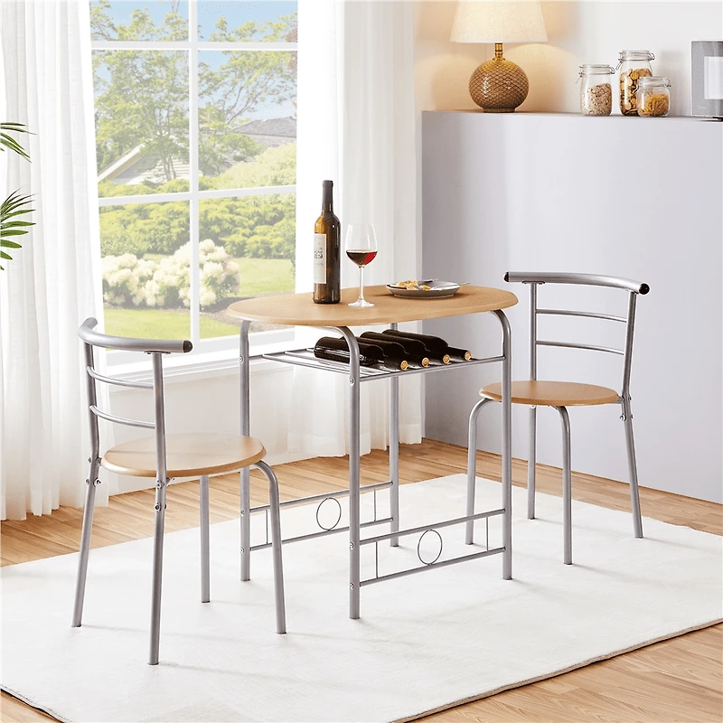 Fullfurnique Ensemble de salle à Manger Rond Moderne 3 Pièces avec Table et 2 Chaises Pieds en Acier, Naturel
