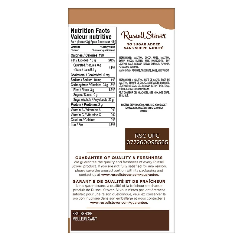 Chocolat noir Truffe sans sucre ajouté de Russell Stover – Barre (85 g)
