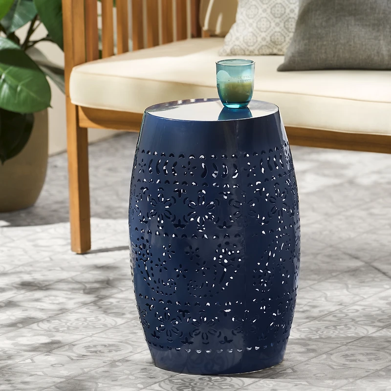 Homy Casa Lace-Cut Barrel-Shaped Metal Nightstand for Bedroom or Living Room Decor