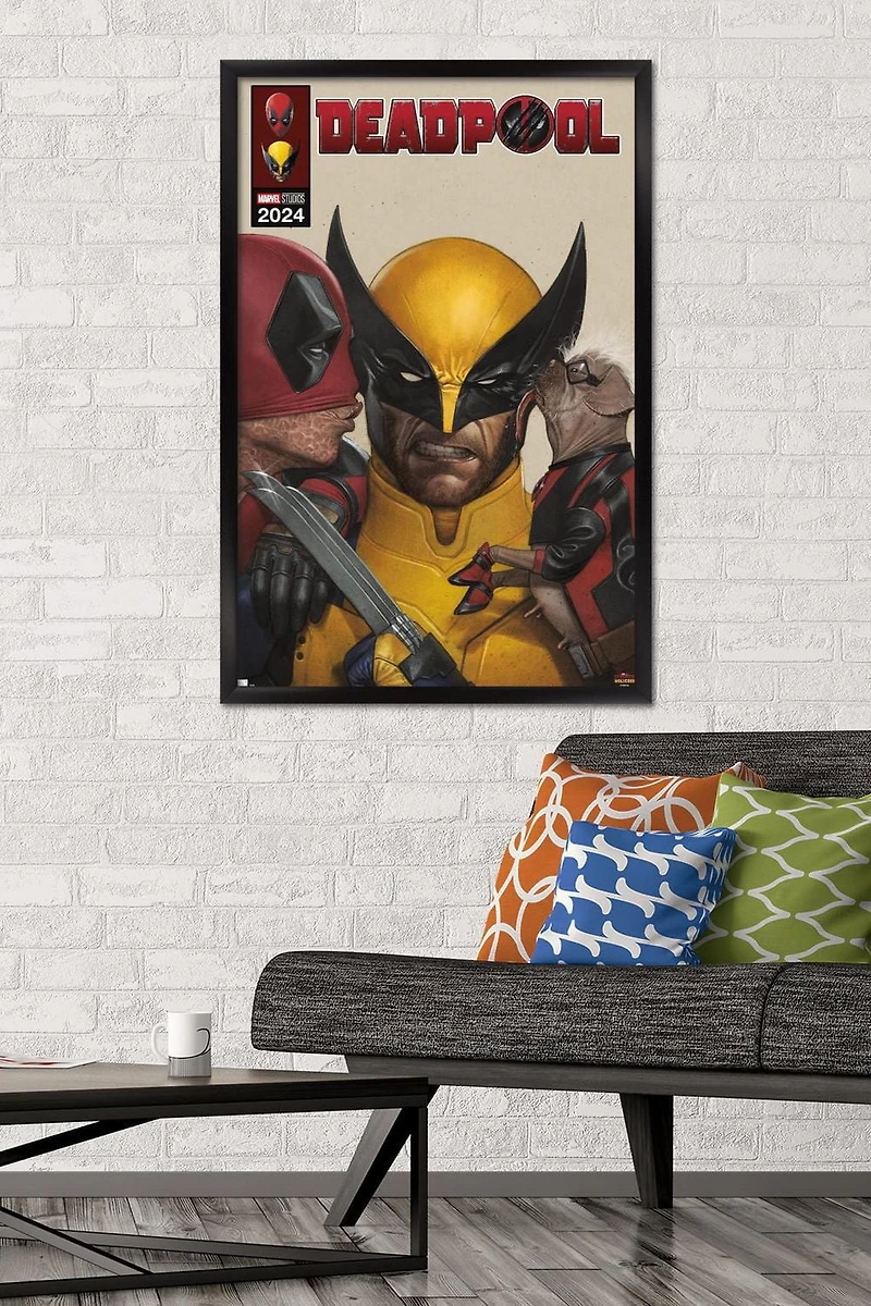 Marvel Deadpool & Wolverine - Homage Cover Wolverine Kisses Wall Poster with Magnetic Frame, 22.375" x 34"