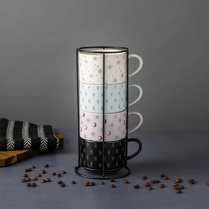 Thyme & Table 11.1 fl oz Assorted Celestial Stoneware Stacking Mugs with Wire Rack, Set of 4