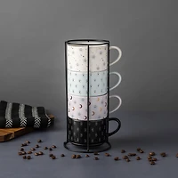 Thyme & Table 11.1 fl oz Assorted Celestial Stoneware Stacking Mugs with Wire Rack, Set of 4