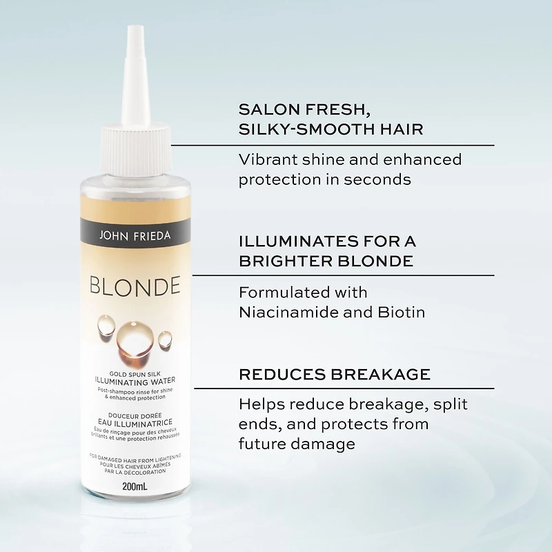 John Frieda Blonde Gold Spun Silk Illuminating Water, post-shampoo hair rinse for blonde hair shine and enhanced protection, 200 mL