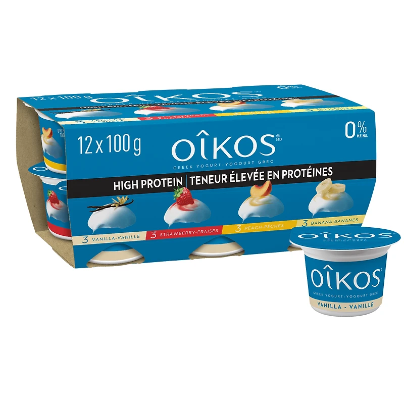 OIKOS 0% Peach/Van/Straw/Ban, 12x100g