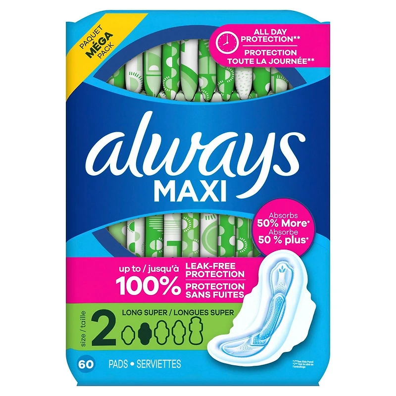 Always Maxi Feminine Pads with Wings for Women, Size 2, Long Super Absorbency, Unscented, 60CT