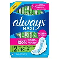 Always Maxi Feminine Pads with Wings for Women, Size 2, Long Super Absorbency, Unscented, 60CT