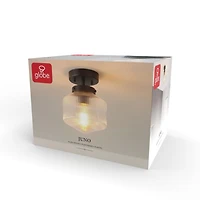 Plafonnier affleurant noir mat à 1 ampoule avec abat-jour en verre nervuré