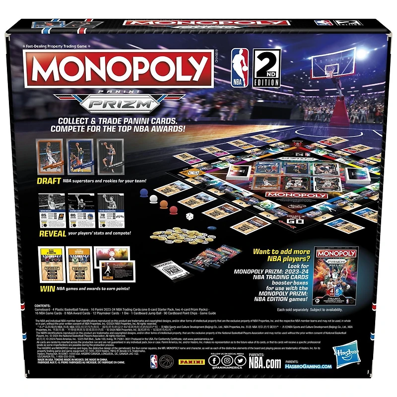Monopoly Prizm : 2e édition NBA, jeu de plateau Monopoly avec cartes de collection Panini 2023-24 de la NBA