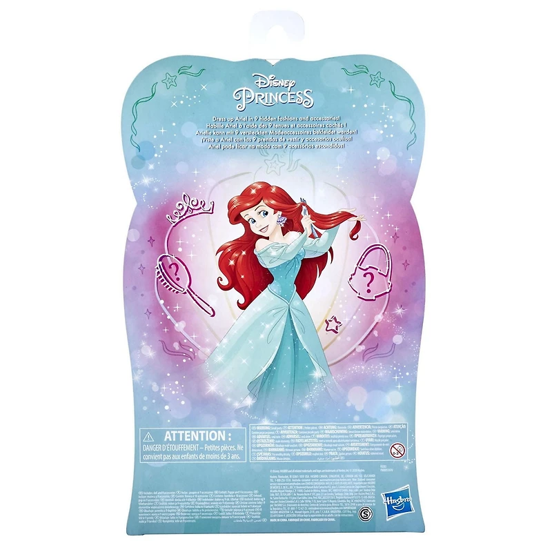 Disney Princess, Princesse et surprises, poupée mannequin Ariel avec 10 vêtements et accessoires, surprises cachées