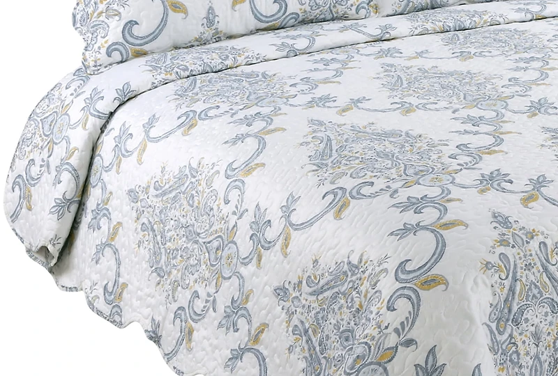 Marina Decoration Couvre-lit imprimé riche, couvre-lit ultra doux, parure de lit d'été avec taie d'oreiller matelassée, motif cachemire bleu jaune classique