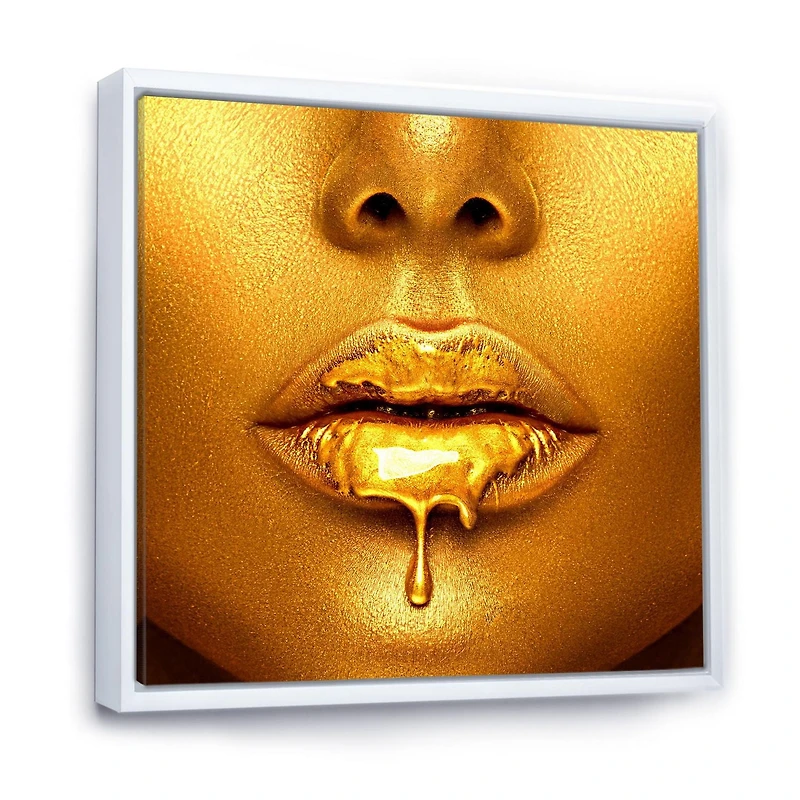 Designart Gold Paint Drips From Sexy Woman Lips FLOAT FRAME WALL ART