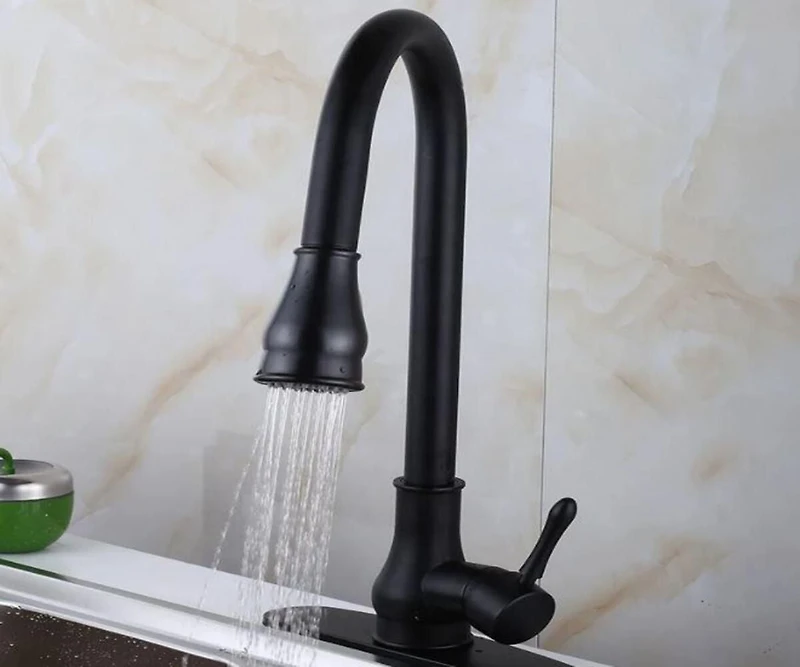 DROP Bath and Kitchen DR091024 Robinet d'évier de cuisine monotrou en laiton avec forme ronde en couleur noire