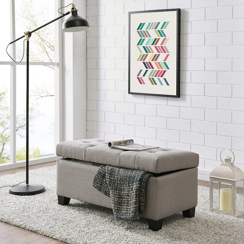 Modern Fabric-Upholstered Rectangular Storage Ottoman Bench - Light Grey