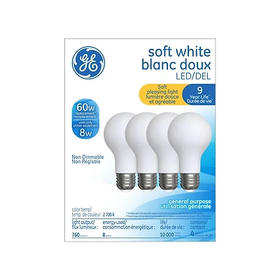 General Electric 8W LED A19 Soft White Glass Light Bulb