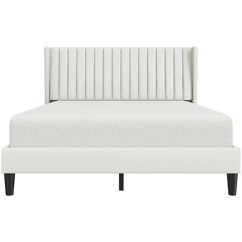 Fullfurnique Upholstered Bed Frame with Wing Side and Channel Headboard, King, Ivory