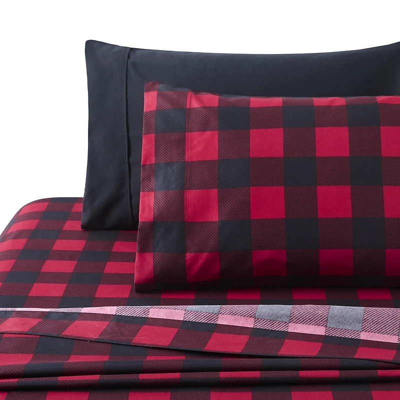 Marina Decoration Ultra Soft Silky Deep Pocket Rich Printed Bedding Rayon from Bamboo All Season Sheet Set with Pillowcases, Red Black Plaid Pattern